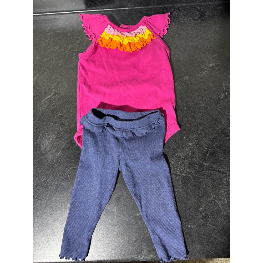 Garanimals Baby Girl 6-9M Pink Ruffle Bodysuit and Blue Ribbed Leggings Outfit